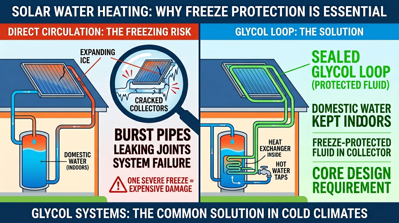 Solar water heater freeze protection comparison showing direct circulation freezing risk and sealed glycol loop solution for cold climates